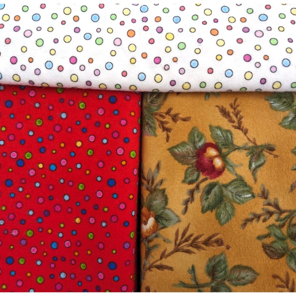 Lot 3 VINTAGE FLANNEL FABRICS Lloyds Barton Timeless Treasures Polka Dots Floral